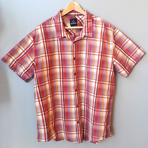 Prana Orange Plaid Short Sleeve Button Down, XXL